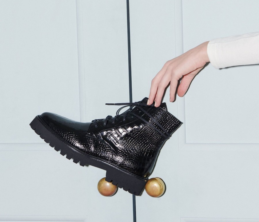 Footwear FREDA SALVADOR | Emi Lug Combat Boot Black Embossed Croc