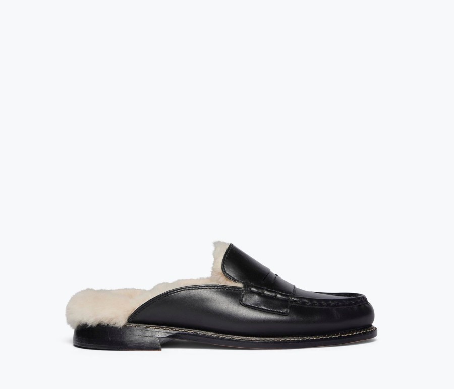 Footwear FREDA SALVADOR | Temi Shearling Penny Loafer Mule Black Calf With Shearling